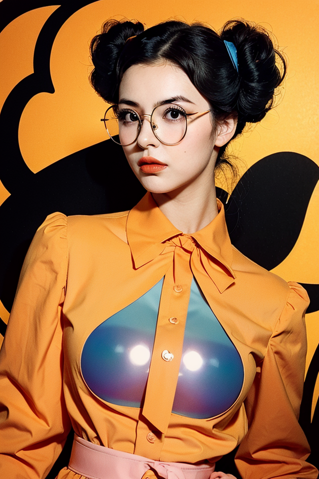 a photo of a glass woman, teenager, egirl, cosplay, 16yo, (Vintage hairstyle | Victory Rolls),butterfly glasses, big lips,...